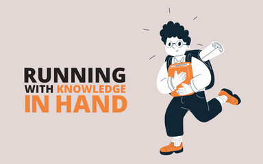 Cartoon vector illustration of a schoolboy dashing with a book in hand, eager to learn and explore new ideas, symbolizing curiosity and youthful energy