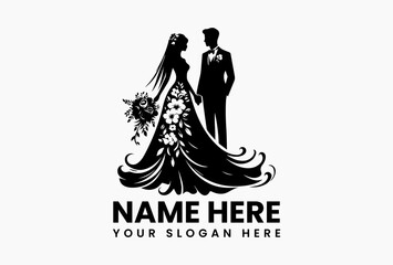Elegant black silhouette vector logo of a modern wedding couple holding hands with floral accents. Wedding concept