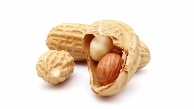 Whole and opened peanut shells with two visible nuts inside, realistic style, on white background. Concept of natural food and snacks