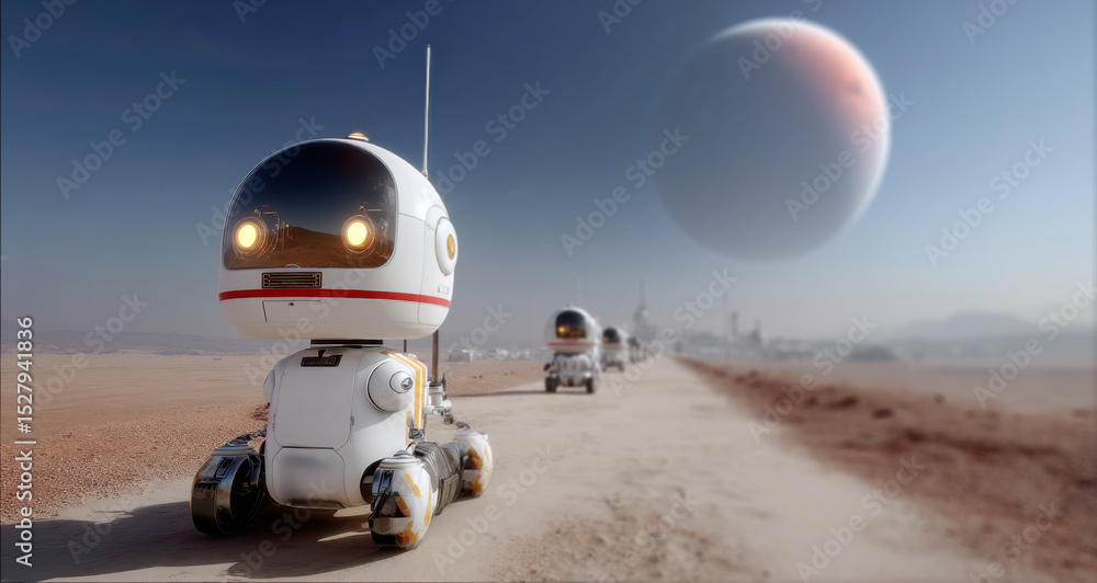Poster robots are traversing a barren landscape on an alien planet during a space exploration mission. thei