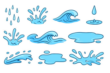 Cartoon water elements isolated on white background illustrating drops, waves and puddles