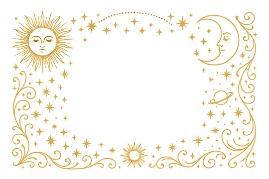 Golden sun and moon frame vector illustration featuring celestial bodies and star accents, isolated on white