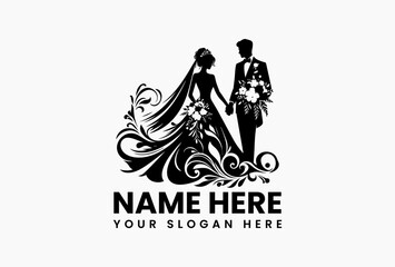 Elegant black silhouette vector logo of modern wedding couple holding hands with delicate floral decorations  