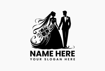 Fototapeta premium Elegant black silhouette vector logo of modern wedding couple holding hands with delicate floral decorations 