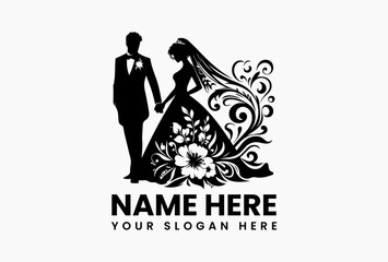 Elegant black silhouette vector logo of modern wedding couple holding hands with delicate floral decorations  