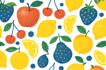 Cartoon fruit pattern illustration of apple, strawberry, pear, lemon, orange and cherry isolated on white background
