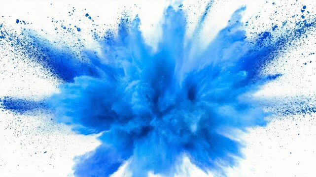 Bright blue powder explosion spreading outward with dynamic energy captured in motion on white background, symbolizing creativity and impact