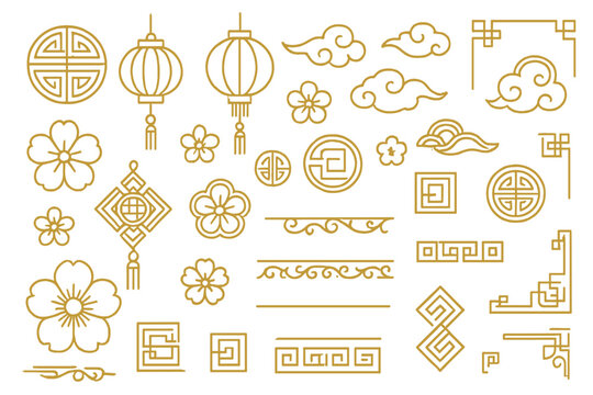 Golden asian decorative elements set vector illustration icon for design