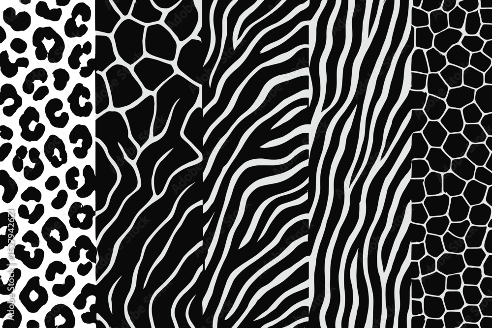 Poster black and white abstract animal prints featuring leopard, giraffe and zebra patterns in a repeated d