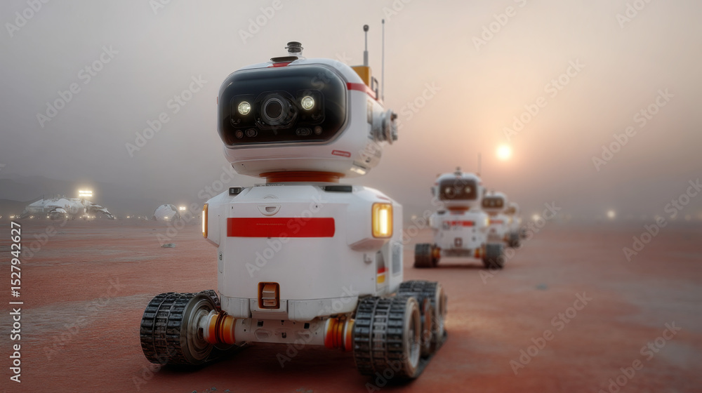 Poster Robots are actively exploring a mysterious planet, equipped with advanced technology and sensors. The twilight sky casts a unique ambiance as they navigate the surface, searching for valuable data.
