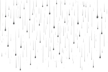 Black liquid droplet streaks falling down from above on isolated white background