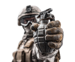 Soldier preparing grenade for tactical operation in combat on a transparent background, cut out