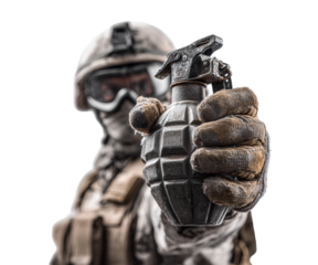 Soldier preparing grenade for tactical operation in combat on a transparent background, cut out