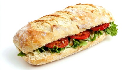 A long, baguette-style sandwich with fresh vegetables and tomato slices on a white background.