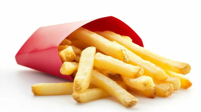 Golden French fries spilling from a red paper container, photographed in close-up on a white background, representing fast food concept