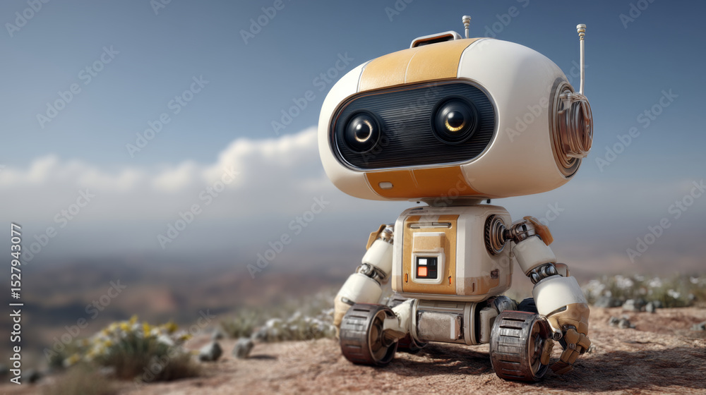 Aufkleber A small exploration robot navigates the rugged terrain of an alien planet. Its sensors actively scan the landscape for scientific data.