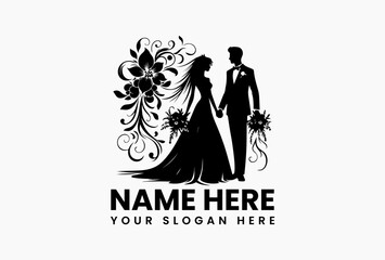 Sophisticated black silhouette vector logo of wedding couple holding hands with floral details  