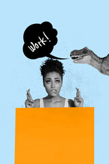 Image banner vertical art collage of puzzled businesswoman stand bubble work tension boss dinosaur...
