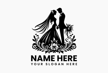 Timeless wedding couple vector silhouette logo featuring holding hands pose with floral elements  