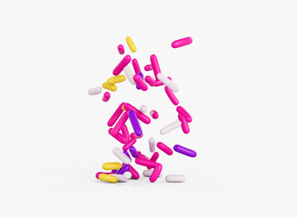 Bright and colorful candy sprinkles scattered on a white background, 3d illustration
