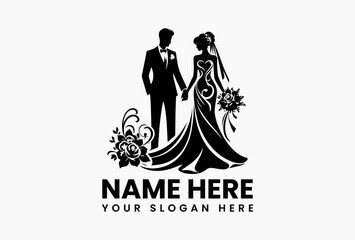 Obraz premium Timeless wedding couple vector silhouette logo featuring holding hands pose with floral elements 
