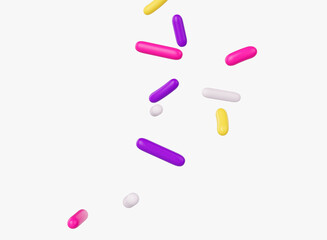 Bright and colorful candy sprinkles scattered on a white background, 3d illustration
