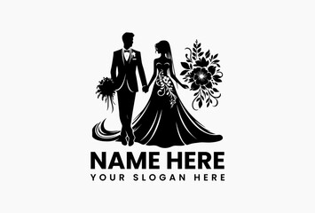 Timeless wedding couple vector silhouette logo featuring holding hands pose with floral elements  