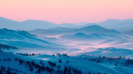 Obraz premium Breathtaking mountain range at sunset with subtle hues of pink and blue illuminating the sky