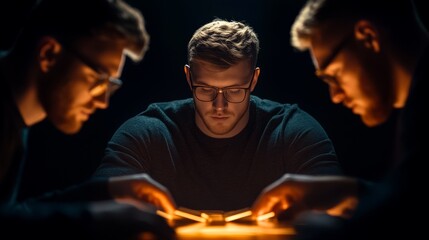 Obraz premium Focused young man studying with two friends at night.