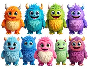 Fototapeta premium Cute and Colorful Fluffy Monster Elements Set, isolated on a transparent background.