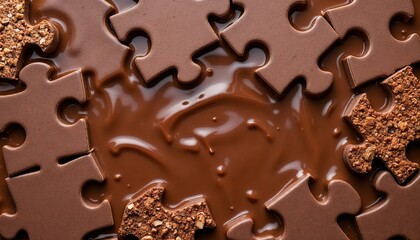 Melted chocolate overflowing between chocolate puzzle pieces for World Chocolate Day  