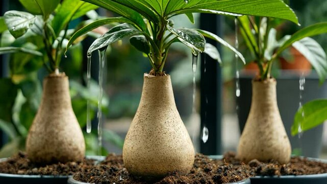 Small plants being watered
