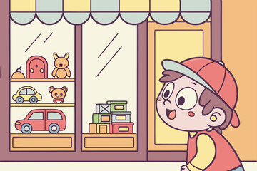 Child gazing at a toy store window display