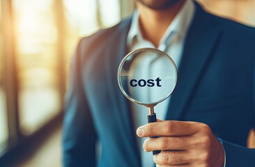 Businessman examines cost with magnifying glass