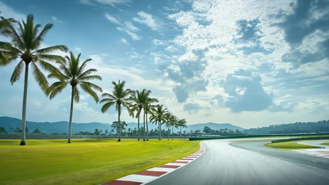 Scenic Sepang Racing Circuit Landscape with Palm Trees and Dynamic Cloudy Sky