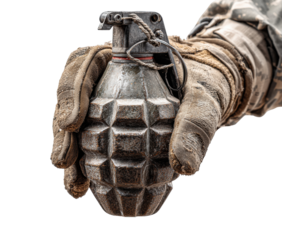 Military personnel holding a hand grenade in combat gear on a transparent background, cut out