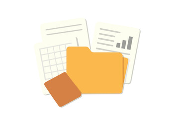 Cute cartoon illustration of an yellow folder and documents on a white background