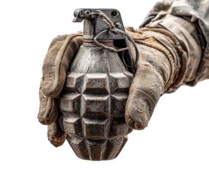 Military personnel holding a hand grenade in combat gear on a transparent background, cut out