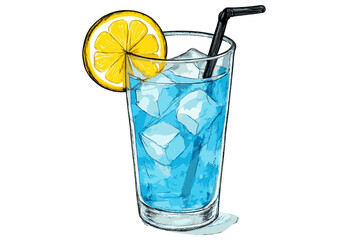 Blue lagoon cocktail illustration with lemon slice and black straw cartoon vector icon