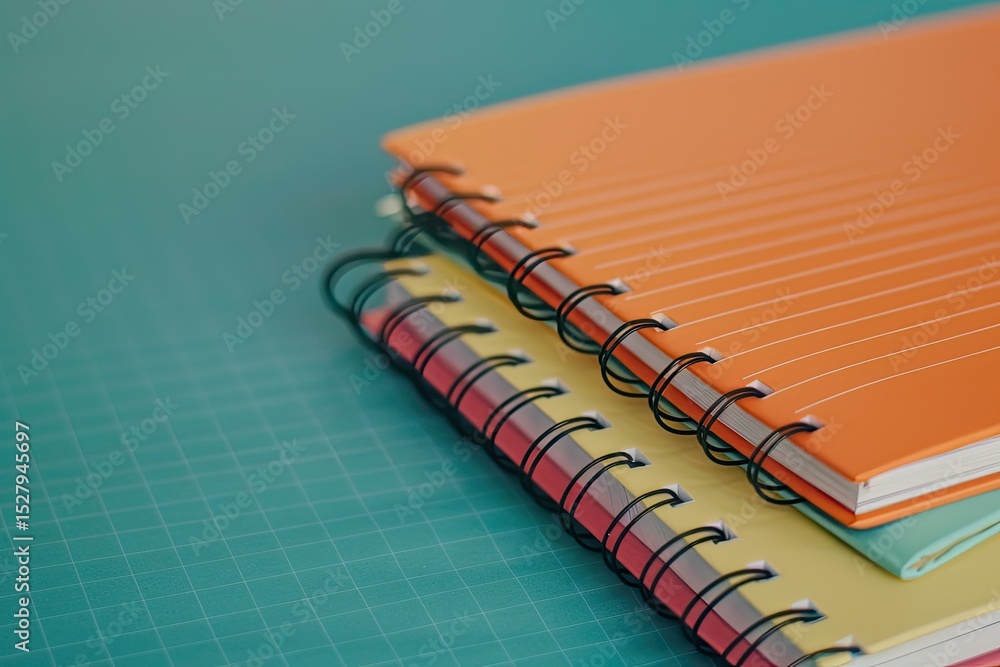 Poster vibrant color visual of a stack of notebooks with a notebook on it