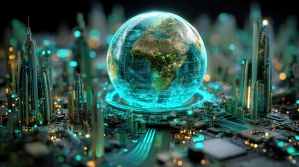 Fototapeta premium A futuristic digital globe hovers above a high-tech cityscape illuminated with neon blue and gold lights, blending technology with global connectivity.