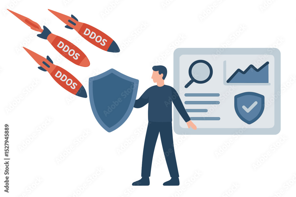 Poster man defending against ddos attacks with shield and security monitoring, cartoon vector illustration