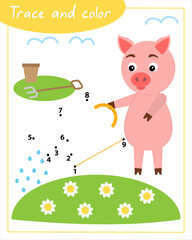 Trace and color with pig. Сonnect the dots by numbers. Hand Trainer. Recipe for children.