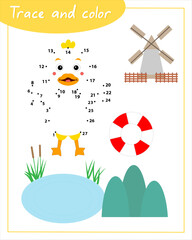 Trace and color with duck. Сonnect the dots by numbers. Hand Trainer. Recipe for children.