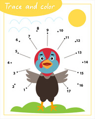 Trace and color with turkey. Сonnect the dots by numbers. Hand Trainer. Recipe for children.