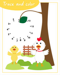 Trace and color with chickens. Сonnect the dots by numbers. Hand Trainer. Recipe for children.