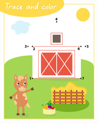 Trace and color with horse. Сonnect the dots by numbers. Hand Trainer. Recipe for children.