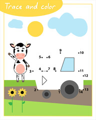 Trace and color with cow. Сonnect the dots by numbers. Hand Trainer. Recipe for children.