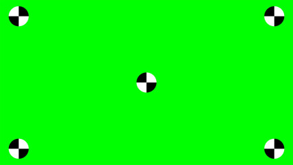 Vibrant green screen with corner and center tracker marks, perfect for video editing, special effects, and virtual reality projects. Ideal for chroma key compositing