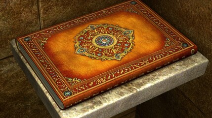 Ancient Leather Book: A ornately decorated ancient leather book rests atop a weathered stone surface, hinting at stories and knowledge.